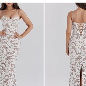 House of CB Floral Lace Midi Dress in White and Brown